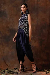 Set of 3 : Blue Asymmetric Georgette Cape With Satin Slip Blouse and Dhoti image 2