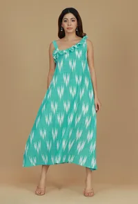 Aqua Green Ikat Ruffle Strap Dress image 1
