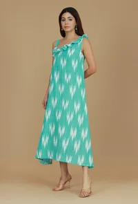 Aqua Green Ikat Ruffle Strap Dress image 2
