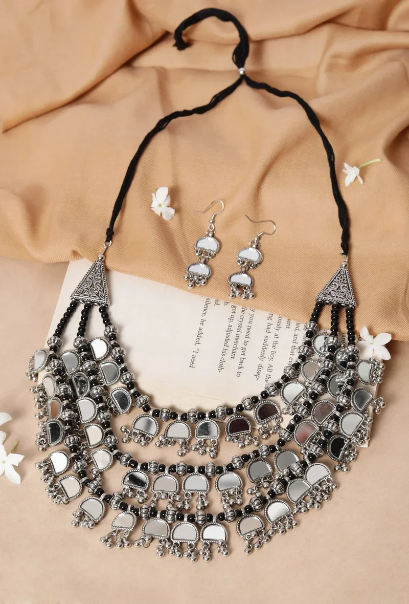 Banjara Style Three Layer Mirror Work Silver Oxidised Choker Necklace