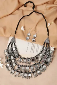Banjara Style Three Layer Mirror Work Silver Oxidised Choker Necklace image 1