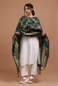 Bottle Green Color Semi Silk Dupatta With Zari Weaving image 2