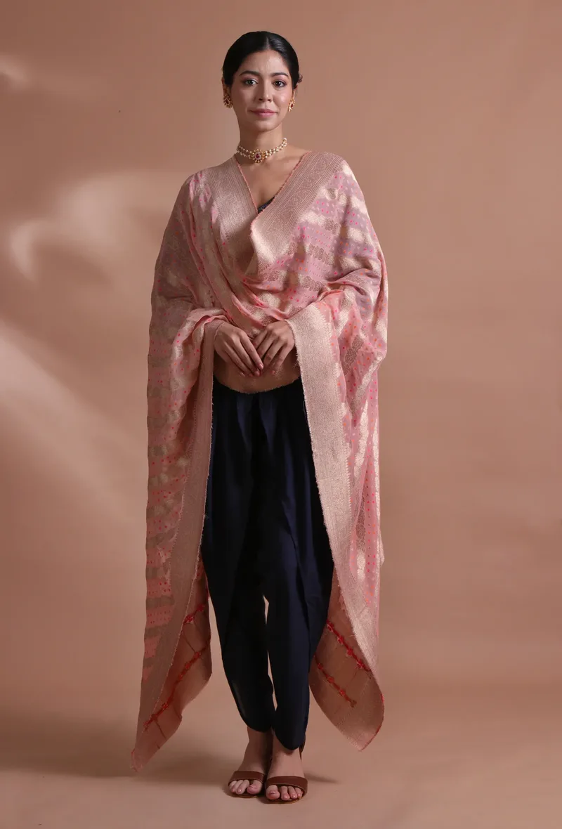 Peach Color Cotton Silk Georgette Embroidered Dupatta