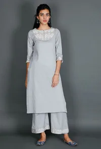 Light Blue Kurta With Kantha Embroidery image 1