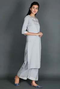 Light Blue Kurta With Kantha Embroidery image 2