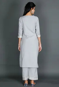 Light Blue Kurta With Kantha Embroidery image 3