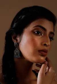 Plum Pink Stone Tribal Motif Brass Tribal Earrings image 1