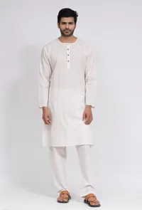 Set of 2: White Plain Cotton Button Down Kurta and Pajama image 1