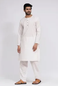 Set of 2: White Plain Cotton Button Down Kurta and Pajama image 2