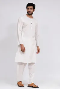 Set of 2: White Plain Cotton Button Down Kurta and Pajama image 3