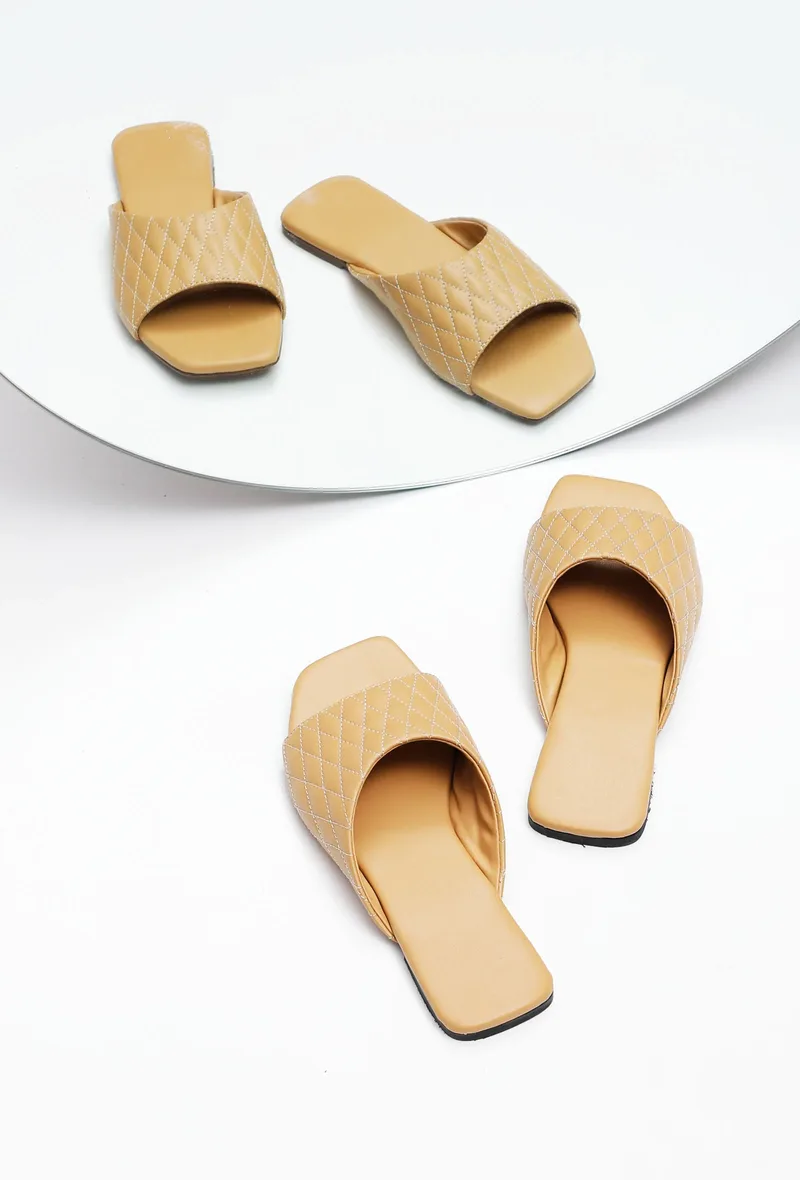 Caramel Brown Quilted Cruelty Free Leather Sliders