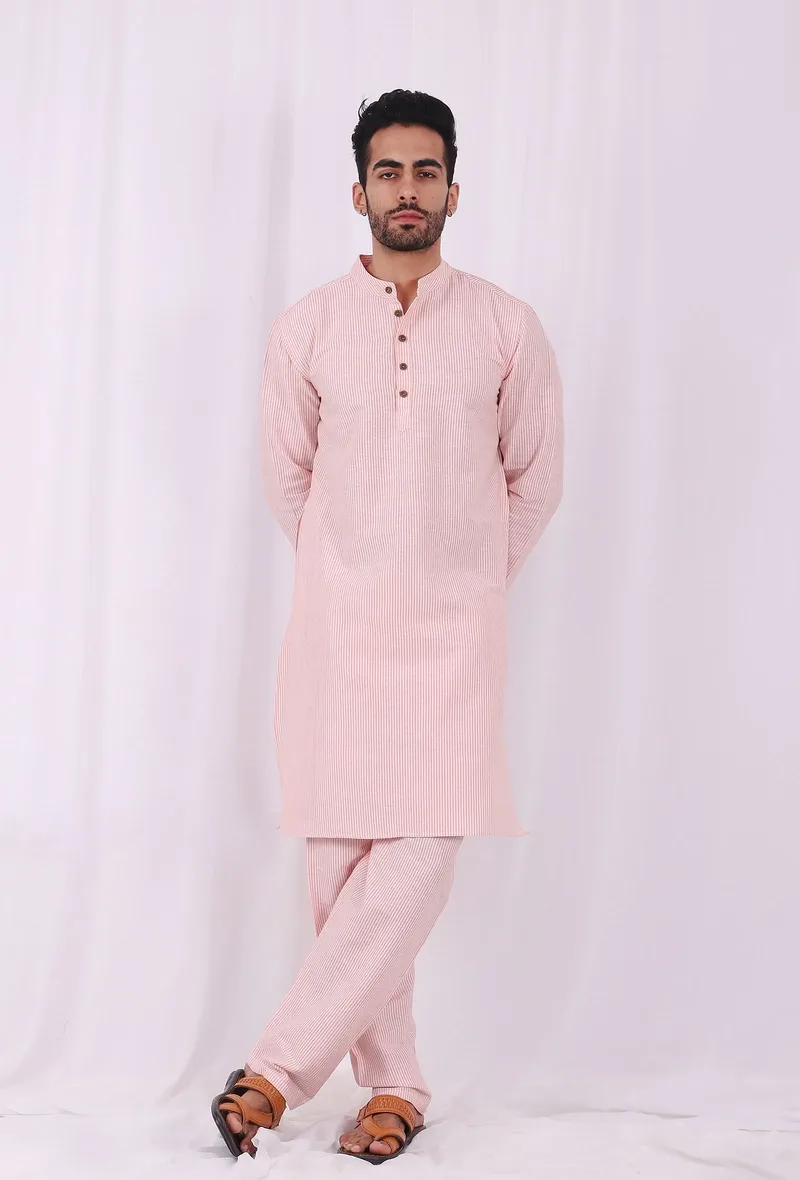 Set of 2: Orange Striped Cotton Kurta and Pajama