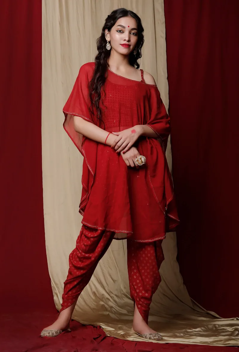 Set of 3: Maroon Handblock printed Cotton Slip with Handblock Printed Cotton Dhoti and Handcrafted Georgette Drape