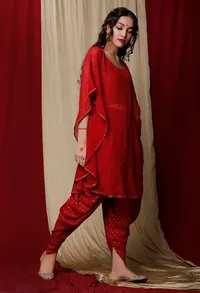 Set of 3: Maroon Handblock printed Cotton Slip with Handblock Printed Cotton Dhoti and Handcrafted Georgette Drape image 2