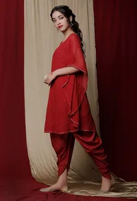 Set of 3: Maroon Handblock printed Cotton Slip with Handblock Printed Cotton Dhoti and Handcrafted Georgette Drape image 3