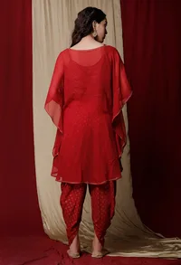 Set of 3: Maroon Handblock printed Cotton Slip with Handblock Printed Cotton Dhoti and Handcrafted Georgette Drape image 4