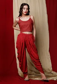 Set of 3: Maroon Handblock printed Cotton Slip with Handblock Printed Cotton Dhoti and Handcrafted Georgette Drape image 5