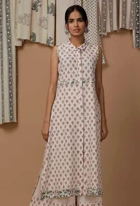 White and Maroon Handblock Cotton Flex Kurta image 1