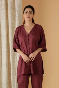 Mulmul Cotton Plum V Neck Button Down Shirt image 1