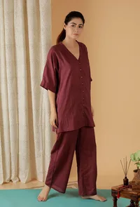 Mulmul Cotton Plum V Neck Button Down Shirt image 3