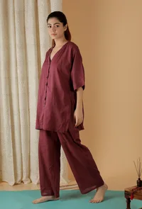 Mulmul Cotton Plum V Neck Button Down Shirt image 4