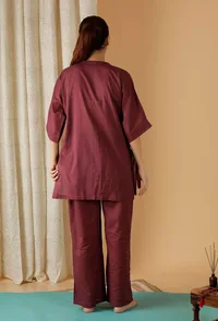 Mulmul Cotton Plum V Neck Button Down Shirt image 5