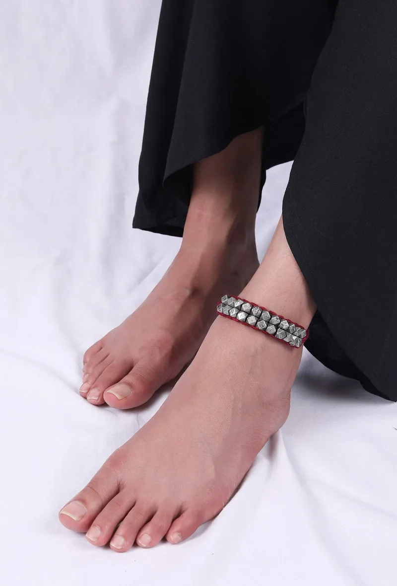 Set Of 2: Achsa Maroon Thread & Antique Plated Brass Beaded Anklets