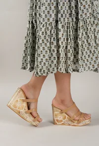 Peanut Brown Wooden Carved Strappy Platform Wedges image 1