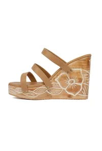 Peanut Brown Wooden Carved Strappy Platform Wedges image 4