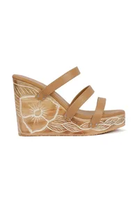 Peanut Brown Wooden Carved Strappy Platform Wedges image 5