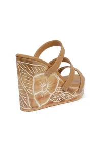 Peanut Brown Wooden Carved Strappy Platform Wedges image 6