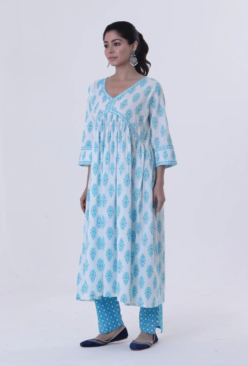 White Cotton Kurta with Blue Motif