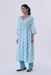White Cotton Kurta with Blue Motif image 1