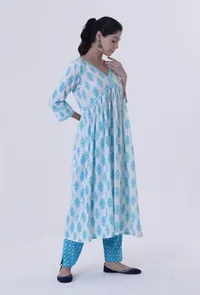 White Cotton Kurta with Blue Motif image 2