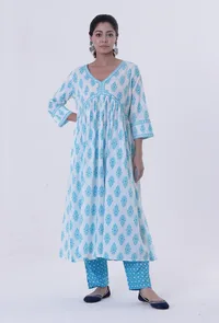 White Cotton Kurta with Blue Motif image 3