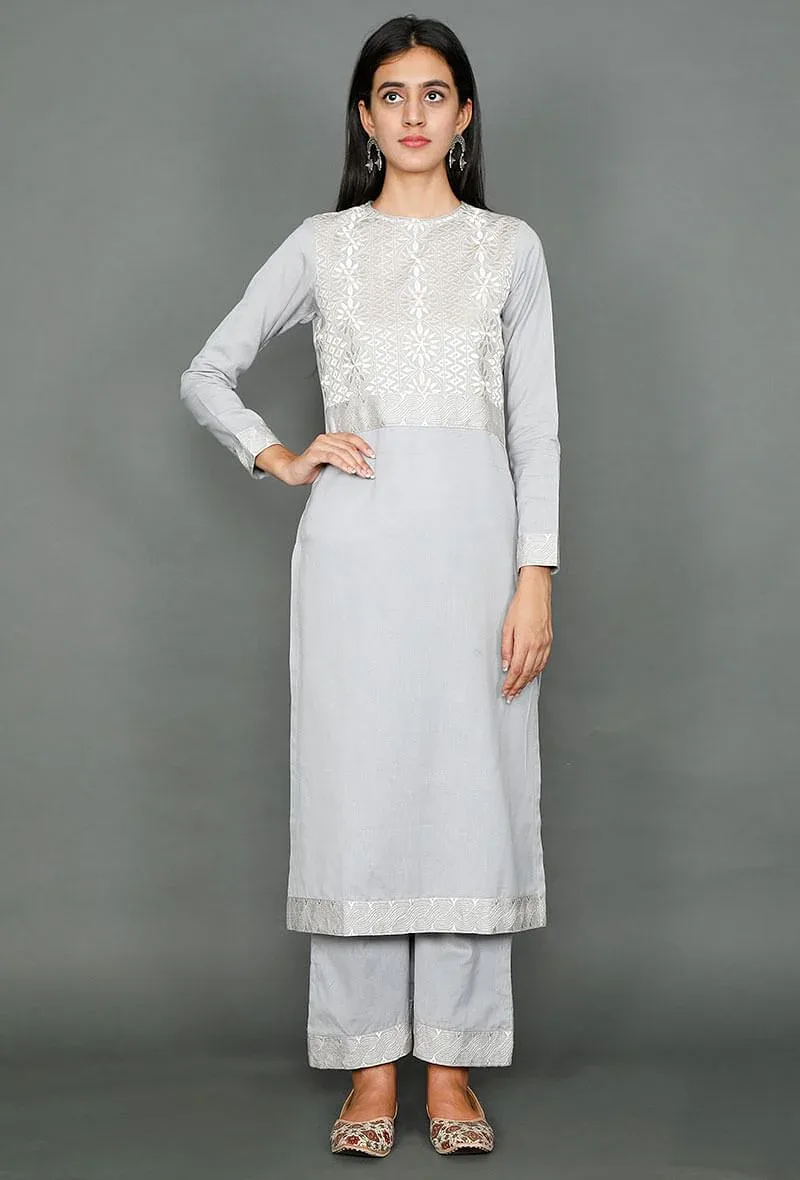 Pale Grey Kurta With Kantha Embroidered Yoke