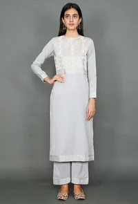 Pale Grey Kurta With Kantha Embroidered Yoke image 1