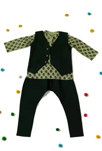 Set of 3: Bishop Green Cotton Shirt with Black Pants and Cotton Waistcoat image 1
