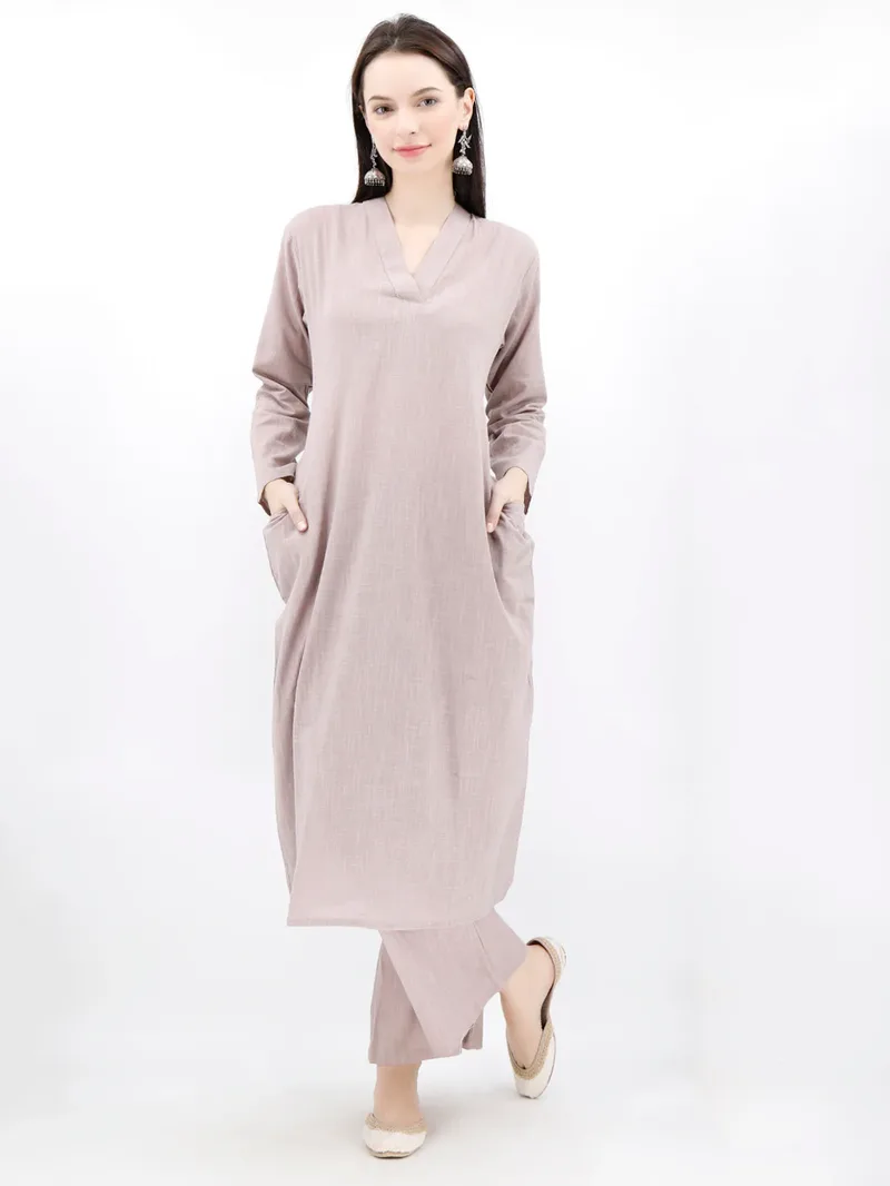 Set of 2 - Light Grey Cotton Slub Kurta And Palazzo Set