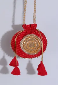 Crimson Red Gotapatti Potli with Tassels image 1