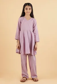 Set Of 2: Light Purple Mulmul Kurta & Mauve Pants image 1