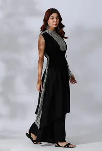 Black Asymmetrical Tie-Up Kurta With Ikkat Yoke In Front And Back Side Panels image 1
