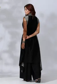 Black Asymmetrical Tie-Up Kurta With Ikkat Yoke In Front And Back Side Panels image 4