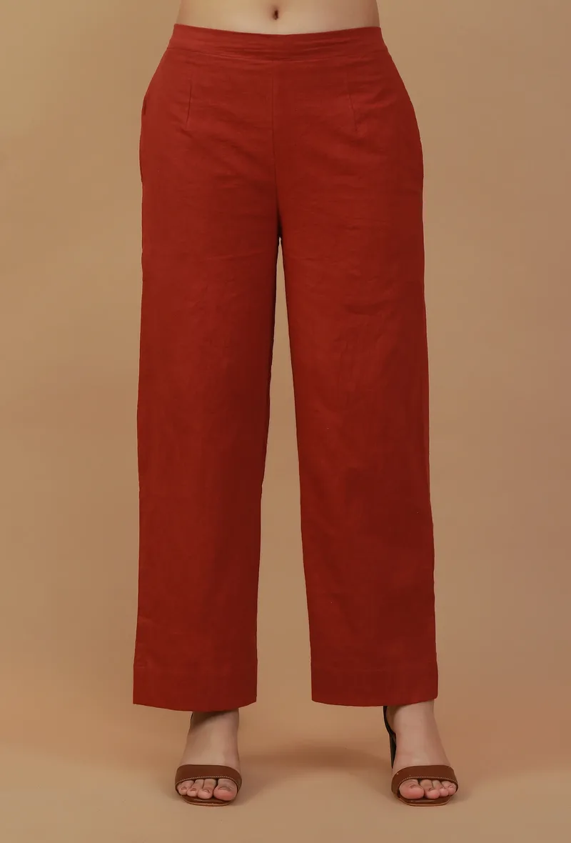 Rust Cotton Straight Pants