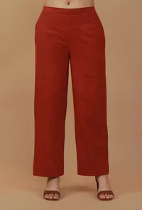 Rust Cotton Straight Pants image 1