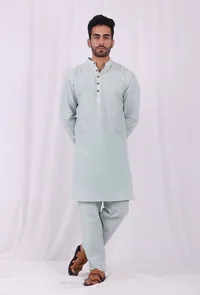Set of 2: Green Striped Cotton Kurta and Pajama image 1