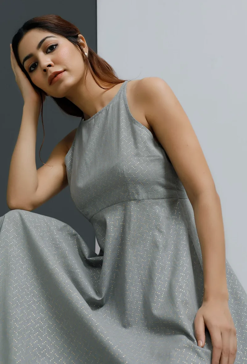 Grey Hand-Block Printed Halter Neck Dress