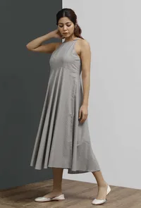 Grey Hand-Block Printed Halter Neck Dress image 2