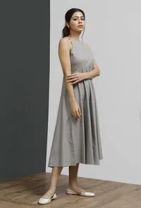 Grey Hand-Block Printed Halter Neck Dress image 3