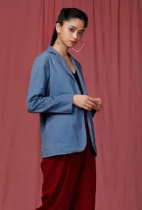 Blue Notched Linen Overcoat image 3